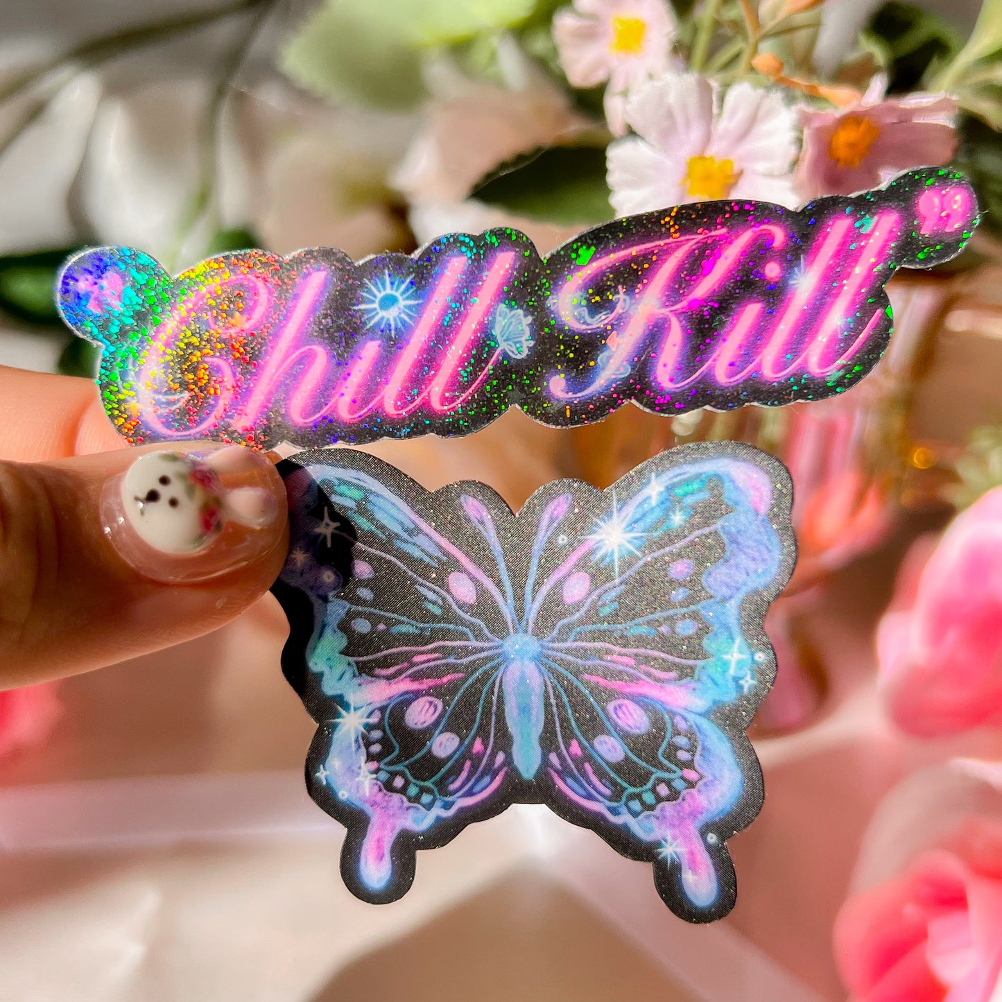 。゚ᨳ ❛ chill kill ❜ vinyl stickers ♡ ˚⋆ 𐙚